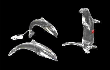 3 Baccarat crystal creatures, 2 dolphins, 1 otter, No boxes