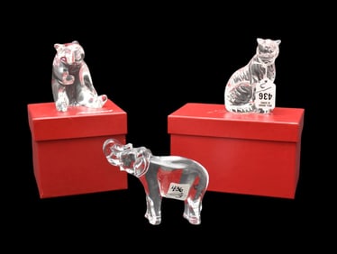 Baccarat crystal jungle animals, elephant (no box), seated tiger, and bear cub