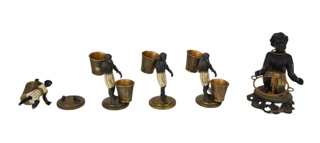 5 Spelter Blackamoor Painted Figures, smallest - 5" h, largest 7" h, Conditon: one with broken legs