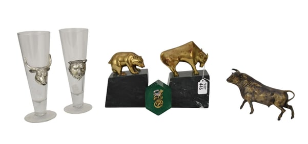 6 Assorted "Bull & Bear" Pcs.  Arthur Court Tumblers, Bookends on Marble Base, Lucite Desk Accessory