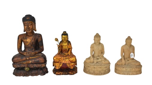 4 Wood Seated Buddhas, 2 with a burnished copper to gold finish, and 2 natural wood figures.