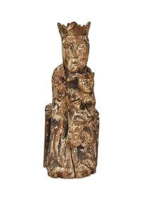 Carved Wood 19th C. Seated Saint And Child (lots of paint loss), 15" h