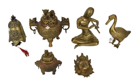5 Asian Brass/Bronze Figures and 1 Chinese Duck