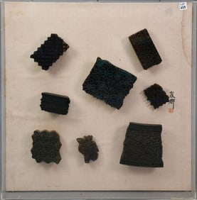 Framed Display of Wood Block Batik Stamps - A framed display of eight (8) antique and vintage wood