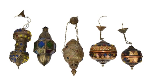 Group of 5 Arabian Moroccan Hanging Lanterns & Lights - Group of vintage Arabian and Moroccan styled