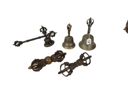 Five Tibetan Buddhist Ritual Bells and Vajra - A collection of five Tibetan Buddhist ritual objects.