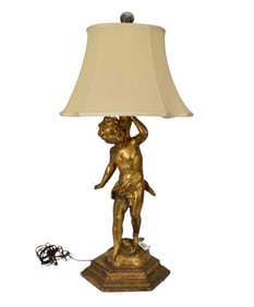 Carved Gilded Wood Cupid Form Lamp on Pedestal Base, 34"h