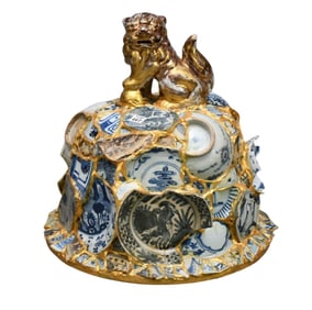 Huge Mosaic Assemblage Lid with worn Foo Dog Finial, 20"h x 18w