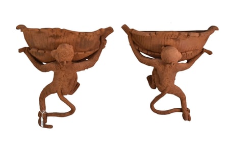 Pair Composition Terracotta Color Monkey Form Outdoor Wall Pockets, 17"h x 19"wq