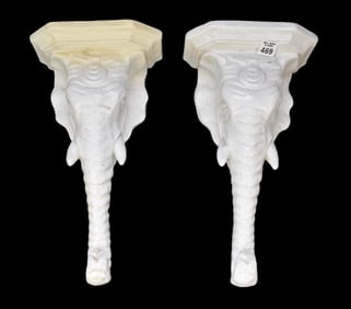 Pair White Composition Lightweight Elephant Head Wall Brackets, 14"h x 8"w