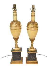 Pair Classical Urn Form Lamps Attached to Black Marbleized Plinths, 29"h
