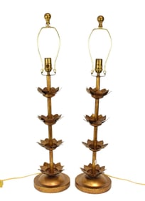 Pair Brass Metal Lamps with 4 Vertical Petal Form Sections, 31"h to top of finial