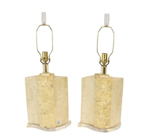 Pair Composition Style Travertine & Faux Stone Lamps on Lucite Bases, 28"h
