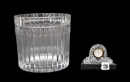 Modern Tiffany Glass Ice Bucket (7 1/2"h x 7 1/2"w) AND Miniature Waterford Clock