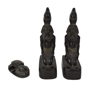 Vintage Egyptian Carved Stone Bookends & Scarab - 20th Century. Carved Blackstone. Pair bookends