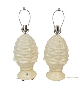 Pair Glazed Cement Pineapple Lamps, 26"H (some repairs)