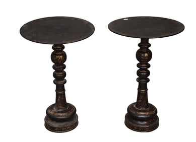 Pair Black Side Tables on turned pedestals, 30"h x 15"w
