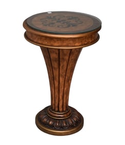 Italian Style Side Table on Pedestal with Painted Design on Surface, Single Drawer Glass Top, 30"h x
