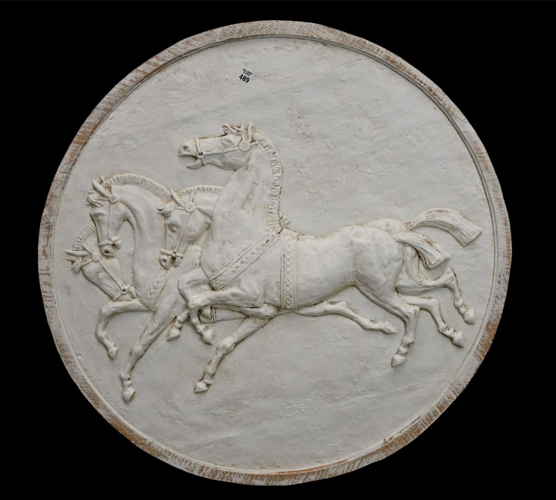 White Composition Plaque with Horses in Relief, 35"d (1 of 5)