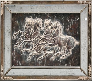 Mirrored Framed Horses in Relief, Cavelletto Artwork, 50"h x 40"w