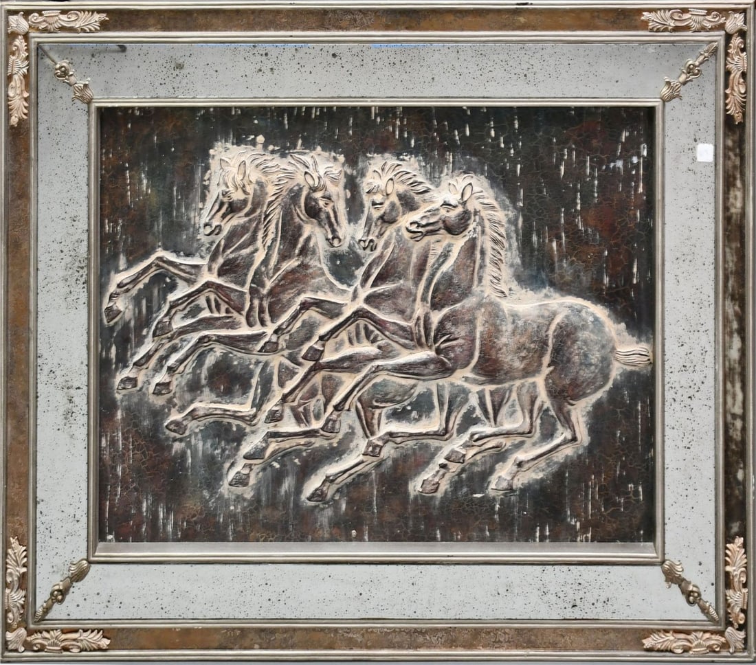 Mirrored Framed Horses in Relief, Cavelletto Artwork, 50"h x 40"w (1 of 6)