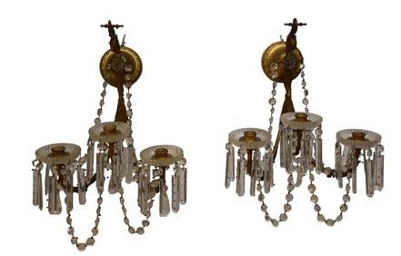 Antique Wall Sconces, 3 Light with Babiche Prisms, Electrified, 20"h x 17"w