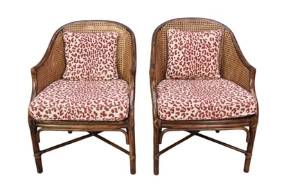 Pair Vintage Bamboo and Caned Arm Chairs with Leopard Print Cushions