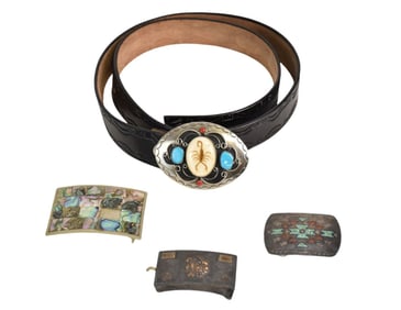 Native American Leather Belt with Signed "Squaw Wrap" Buckle, Sterling Buckle with Turquoise,