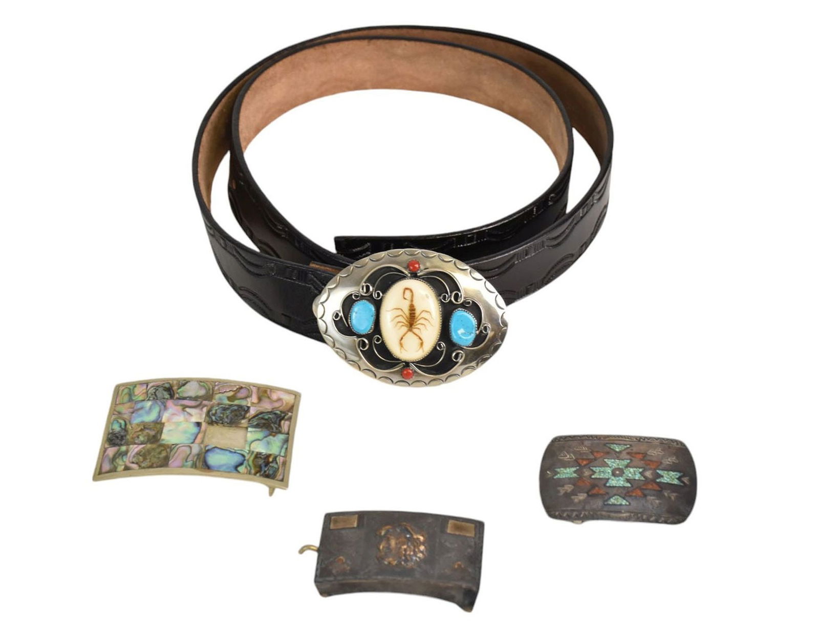 Native American Leather Belt with Signed "Squaw Wrap" Buckle, Sterling Buckle with Turquoise,: Native American Leather Belt with Signed "Squaw Wrap" Buckle, Sterling Buckle with Turquoise, Mexican Sterling Buckle and Mexican Buckle with Abalone Shell (one piece missing), leather portion of belt
