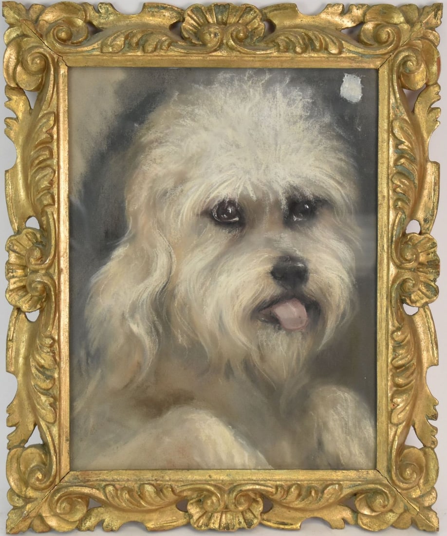 Vintage Portrait of Dandie Dinmont Terrier with tongue out, pastel on paper, Italian carved wood (1 of 4)