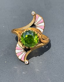 Antique Gold Russian Ring , Enamel and 2.6 carat Demantoid Garnet, size 7, GIA