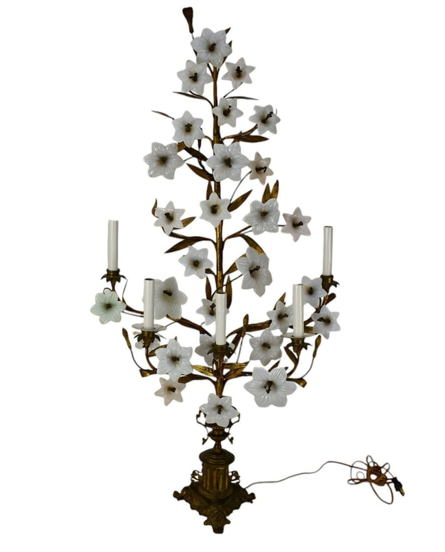 Victorian 5 Light Tole Candelabra with Milk Glass Flowers, 44"h x 20"w: Victorian 5 Light Tole Candelabra with Milk Glass Flowers, 44"h x 20"w