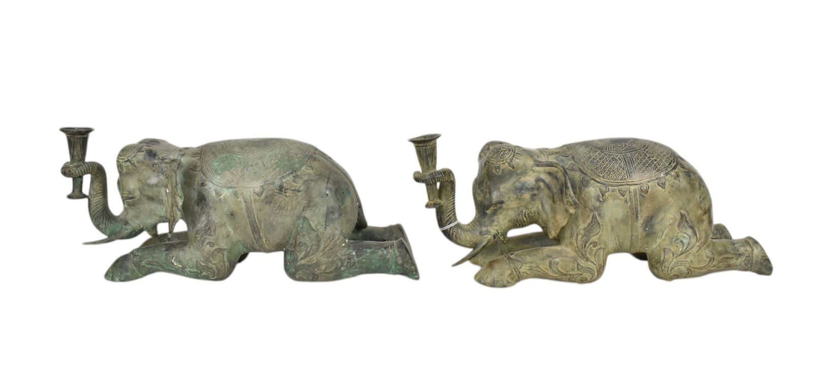 Pair of Bronze Decorative Verdigris Reclining Elephant Candleholders, 7"h x 19"w: Pair of Bronze Decorative Verdigris Reclining Elephant Candleholders, 7"h x 19"w