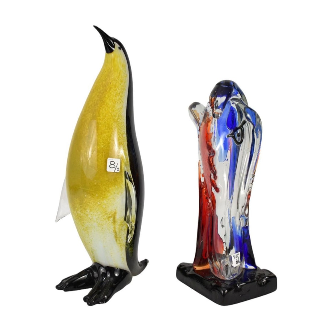 Murano Art Glass Abstract Picasso-Esque Sculpture (14"h x 10"w) AND Murano Art Glass Penguin: Murano Art Glass Abstract Picasso-Esque Sculpture (14"h x 10"w) AND Murano Art Glass Penguin (damaged) (22"h x 9"w)