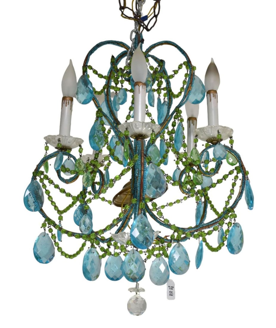 Vintage 5 Light Crystal Chandelier, Blue Crystal Drops & Green Beads, Rembrandt Lamps Label, 24"h x: Vintage 5 Light Crystal Chandelier, Blue Crystal Drops & Green Beads, Rembrandt Lamps Label, 24"h x 18"w