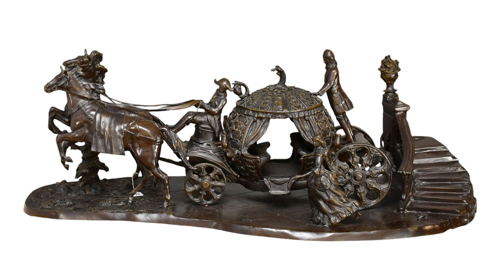 Large Bronze Cinderella and the Midnight Run Sculpture - a patinated bronze figural group depicting: Large Bronze Cinderella and the Midnight Run Sculpture - a patinated bronze figural group depicting the iconic scene of Cinderella running to her Pumpkin Carriage after leaving the Prince's ball at mi