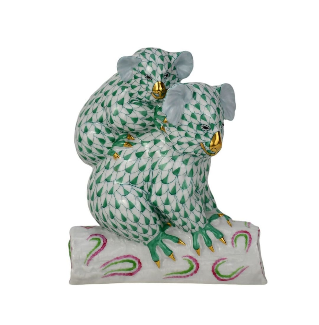Herend Porcelain Koala Bear Grouping, Mother & Baby on White Log, Green Fishnet Design, 6"h x 6"w: Herend Porcelain Koala Bear Grouping, Mother & Baby on White Log, Green Fishnet Design, 6"h x 6"w