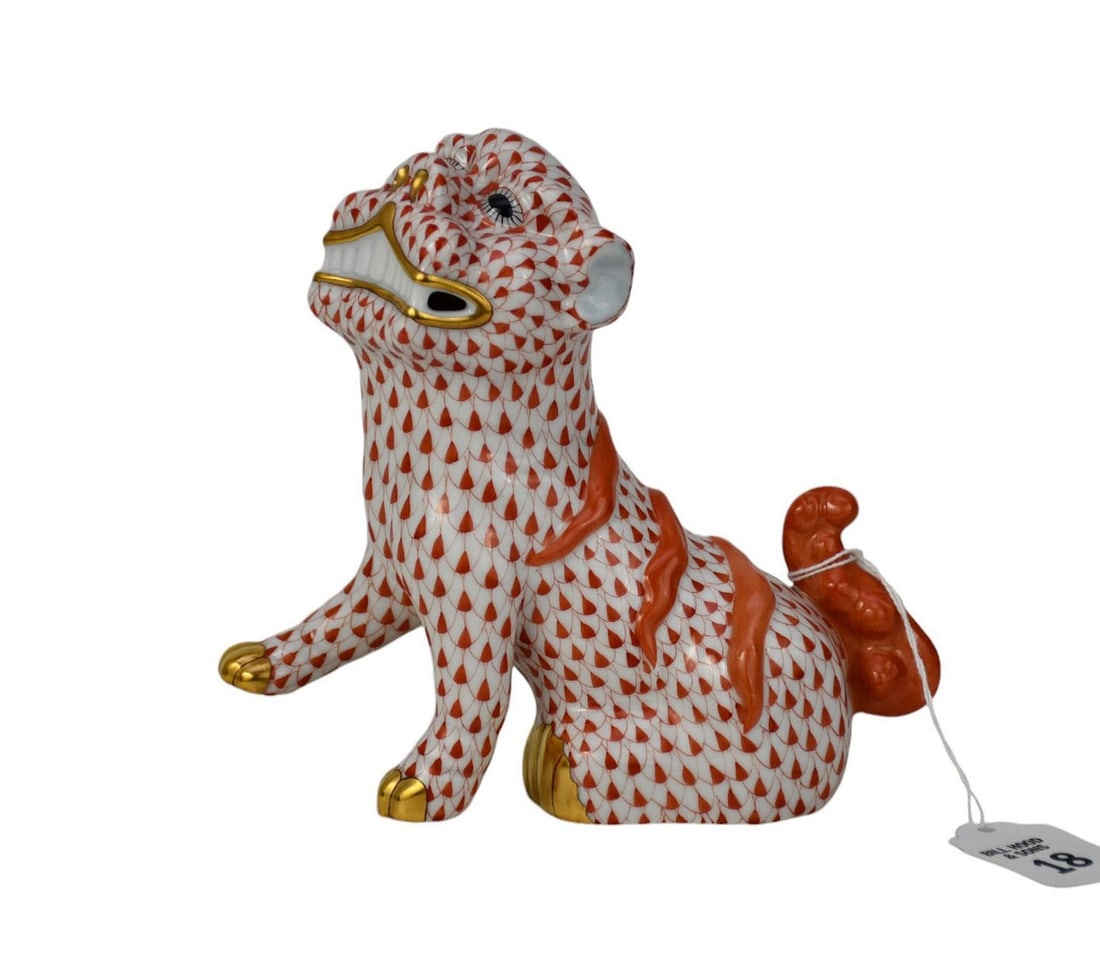 Herend Porcelain Chinese Foo Dog, Rust Fishnet Design, #5309, 6"h x 6"w: Herend Porcelain Chinese Foo Dog, Rust Fishnet Design, #5309, 6"h x 6"w