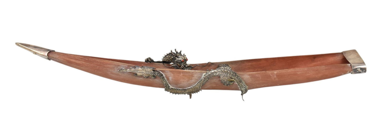 Chinese Silver Dragon Mounted Palm Frond Bowl - C. 20th Century. A natural palm frond mounted with a: Chinese Silver Dragon Mounted Palm Frond Bowl - C. 20th Century. A natural palm frond mounted with a curling five-toed dragon. The sterling dragon chased with realistic scales and fitted with coral ey
