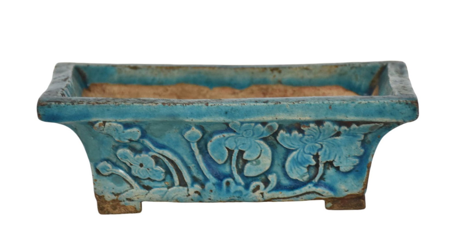 Chinese Turquoise Glazed Bulb Planter, with relief design, 2 1/1"h x 7 1/2"w x 4 3/4"d: Chinese Turquoise Glazed Bulb Planter, with relief design, 2 1/1"h x 7 1/2"w x 4 3/4"d