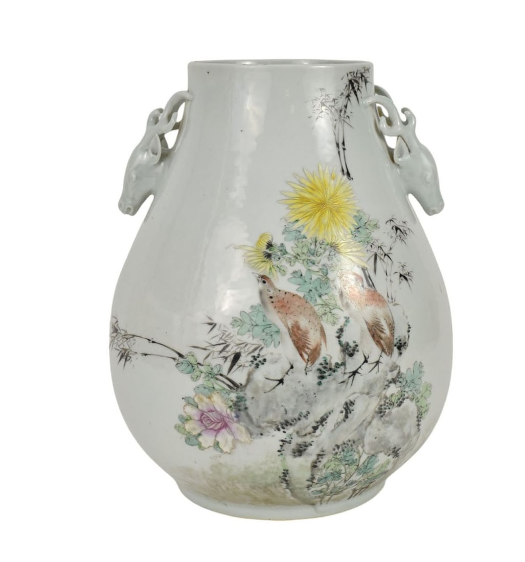 Chinese Porcelain Hu Form Vase with Deer Head Handles, Flora & Fauna Decoration,14"h x 5 1/2"w: Chinese Porcelain Hu Form Vase with Deer Head Handles, Flora & Fauna Decoration,14"h x 5 1/2"w