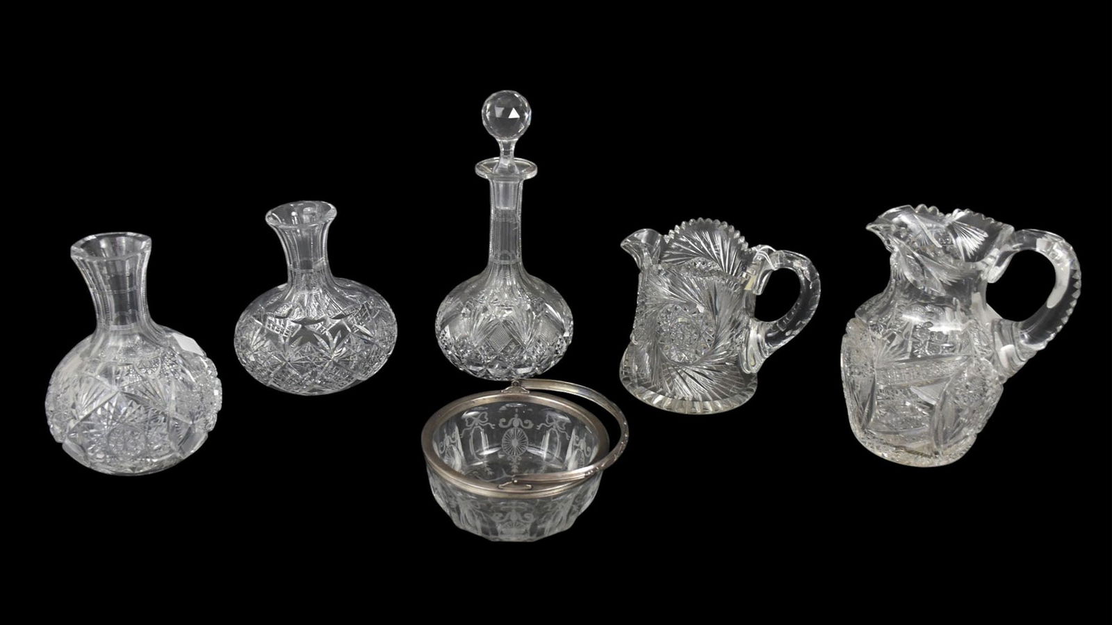 Hawkes Crystal Bowl with Sterling Bale Handle AND 2 Brilliant Period Pitchers (9"h & 6 1/2"h), 2: Hawkes Crystal Bowl with Sterling Bale Handle AND 2 Brilliant Period Pitchers (9"h & 6 1/2"h), 2 Carafes and Decanter (12"h)