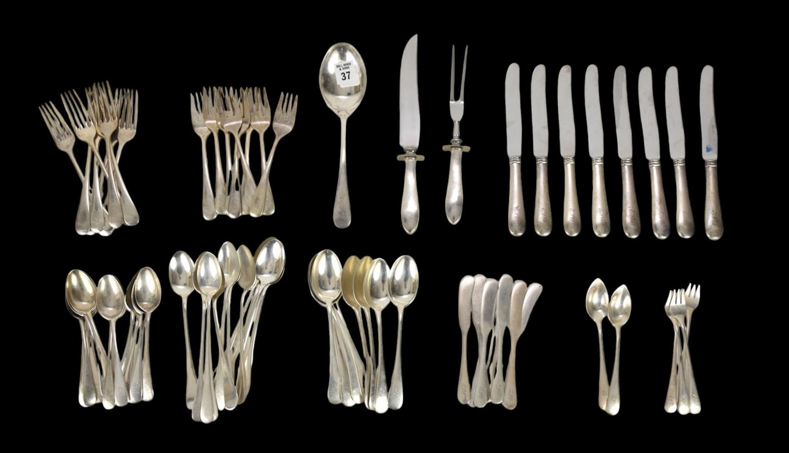 Sterling Flatware, incl; 8 Knives (8 3/4"L), 8 Forks ( 7 1/4"L), 8 Forks (6 1/4"L), 8 Butter: Sterling Flatware, incl; 8 Knives (8 3/4"L), 8 Forks ( 7 1/4"L), 8 Forks (6 1/4"L), 8 Butter Spreaders, 12 Iced Tea Spoons, 12 Teaspoons, 8 Tablespoons, 4 Cocktail Forks, 2 Grapefruit Spoons, Carving 