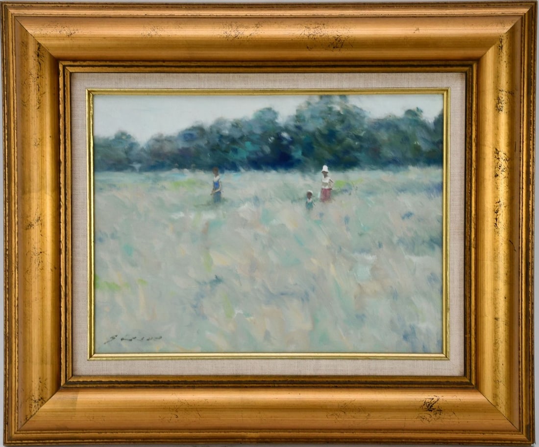 Andre Gisson (French,NY,CT,1921-2003) oil on canvas, children in field, signed lower left, 9" x 12": Andre Gisson (French,NY,CT,1921-2003) oil on canvas, children in field, signed lower left, 9" x 12" canvas, approx 15" x 18" overall
