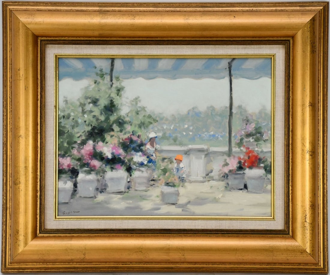 Andre Gisson (French,NY,CT,1921-2003) Mother and child in flower patio, oil on canvas, signed lower: Andre Gisson (French,NY,CT,1921-2003) Mother and child in flower patio, oil on canvas, signed lower left, 9" x 12" canvas, 14 3/4" x 17 3/4" overall