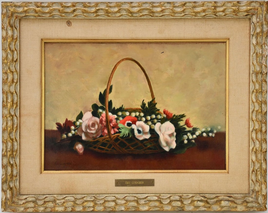 Eric Lundgren (AMERICAN, 1906) "Flower Basket", old Palm Beach Galleries Worth Ave label, signed: Eric Lundgren (AMERICAN, 1906) "Flower Basket", old Palm Beach Galleries Worth Ave label, signed lower left, oil on board, 10 1/2" x 13 3/4" sight, 15 3/4" x 19 3/4" overall
