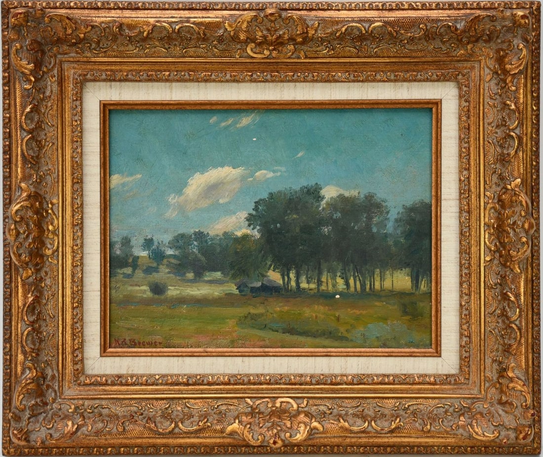 Nicholas Richard Brewer (1857 - 1949 St. Paul, MN) oil on board, signed lower left, "Blue Skies",: Nicholas Richard Brewer (1857 - 1949 St. Paul, MN) oil on board, signed lower left, "Blue Skies", Landscape with cottage. 9" x 12" board, 16" x 19" overall, condition- 2 small paint chips