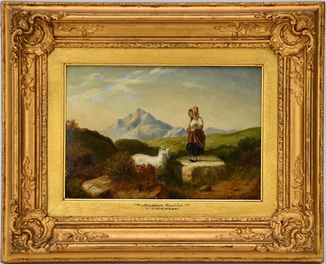 19th Century, English School, oil on board, signed A. Anderson lower right, "Mountain Rambler",: 19th Century, English School, oil on board, signed A. Anderson lower right, "Mountain Rambler", approx 8" x 12" board, 15 1/4" x 18 1/2" overall
