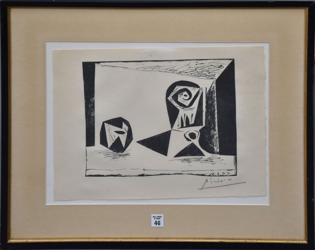 Pablo Picasso, original lithograph, "Composition au verre à pied", 1947, Pencil signed. 12 3/4" x: Pablo Picasso, original lithograph, "Composition au verre à pied", 1947, Pencil signed. 12 3/4" x 17" paper size, 20 3/4" x 25 1/4" overall