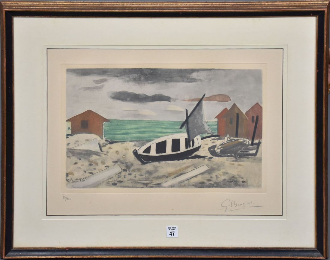 Georges Braque (FRENCH, 1882–1963) handsigned colored-etching and aquatint, pencil signed,: Georges Braque (FRENCH, 1882–1963) handsigned colored-etching and aquatint, pencil signed, "Boats", 11 1/2" x 18" impression size.